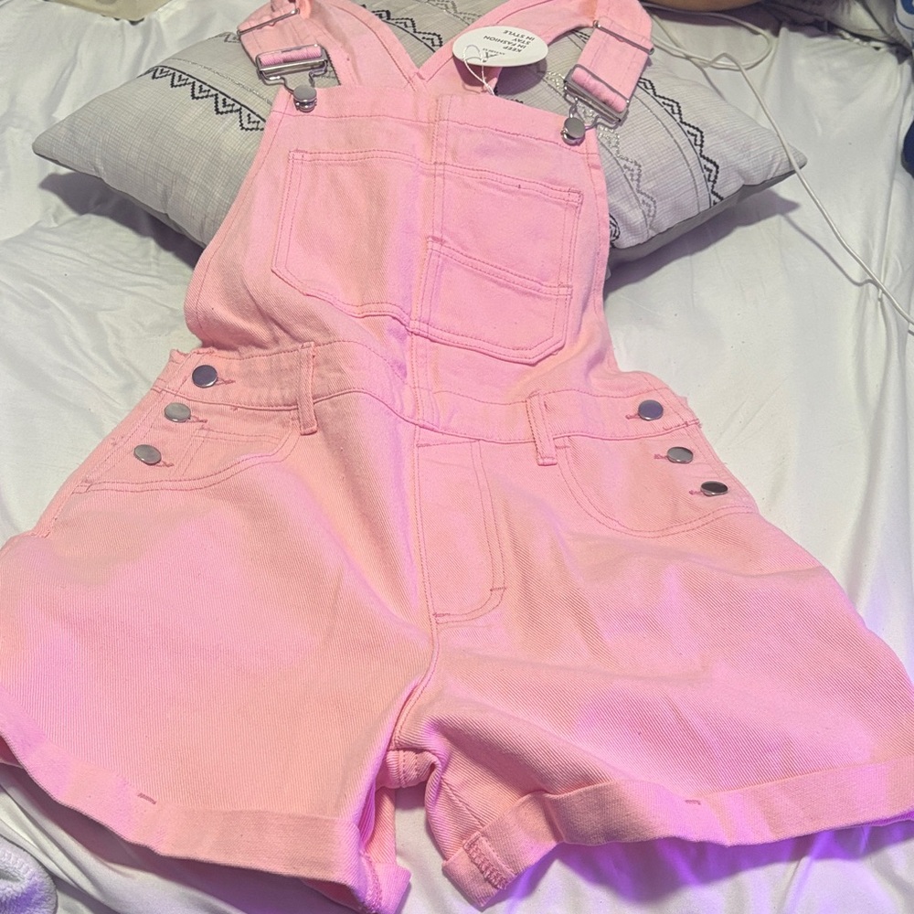 Kids Pink Short Denim Overalls with Adjustable Straps